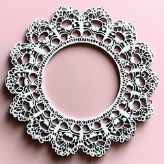 White Lace Round Frame on Pink Background