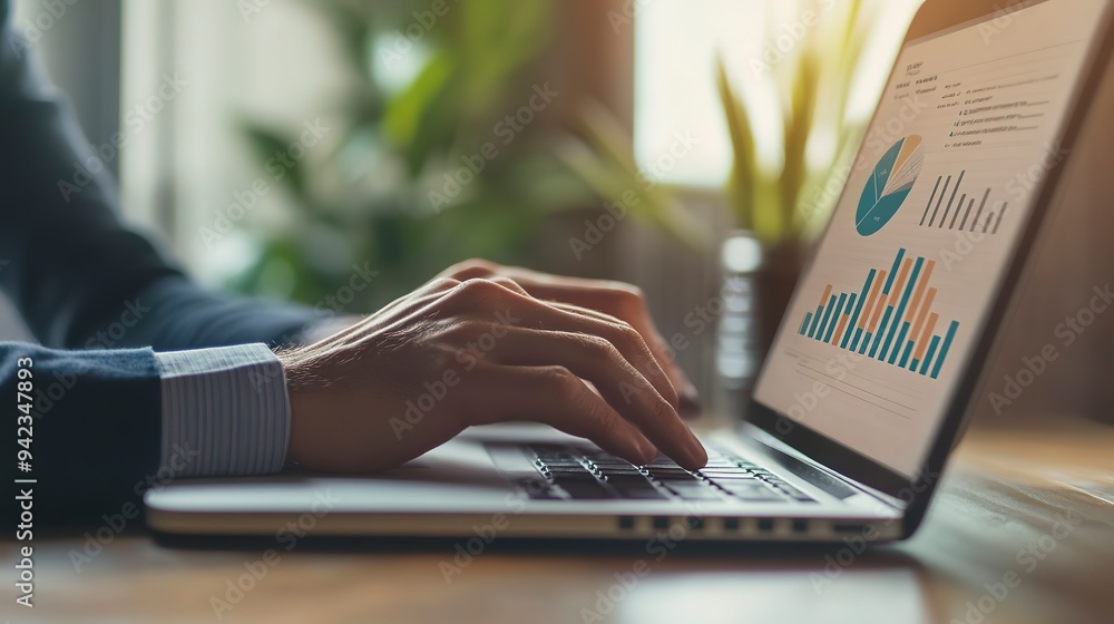 Poster close up of businessman hand working on laptop computer with business graph information diagram on w