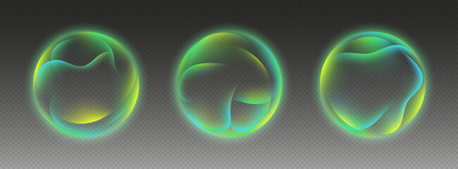 Abstract glowing spheres with vibrant neon colors. Smooth flowing gradients, futuristic 3D shapes with a soft, ethereal glow. Vector illustration.