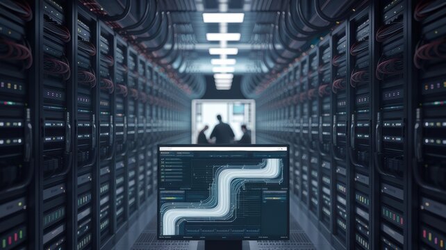 A data center with massive servers, where AI algorithms analyze and process vast amounts of information. 