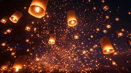 YI Peng lantern festival. Release hot air paper lanterns to sky at night in Loy krathong and Yi Peng Festival