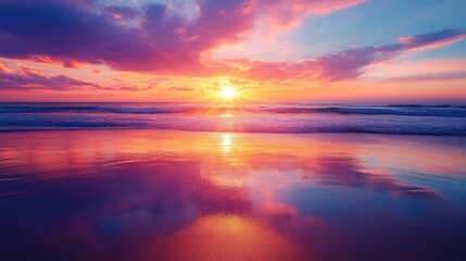 Fototapeta premium A colorful beach sunset with the sky reflecting brilliant shades of orange, pink, and purple. Clear space for content.