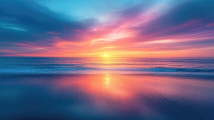 Fototapeta premium A colorful beach sunset with the sky reflecting brilliant shades of orange, pink, and purple. Clear space for content.