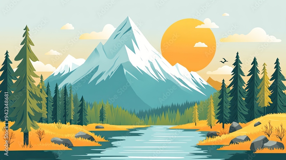 Poster a colorful clipart of a mountain landscape with trees and a river, perfect for nature-themed project