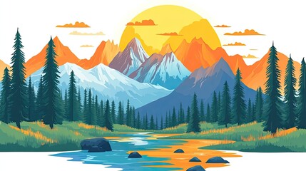 A colorful clipart of a mountain landscape with trees and a river, perfect for nature-themed projects with ample space for messaging.
