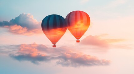 Naklejka premium Double exposure of hot air balloons gently rising in a pastel dawn, fused with soft clouds, evoking a sense of wonder and tranquility