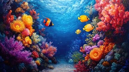 Obraz premium A colorful marine life scene featuring a variety of fish, sea anemones, and coral reefs, capturing the vibrant ecosystem of the ocean with ample copy space.