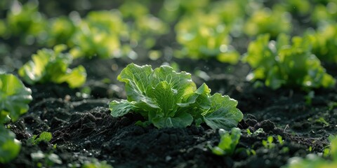 Fresh green salad growing in a row on rich black soil in a pristine environment Young lettuce bush thriving in ecological conditions Vibrant green salad leaves