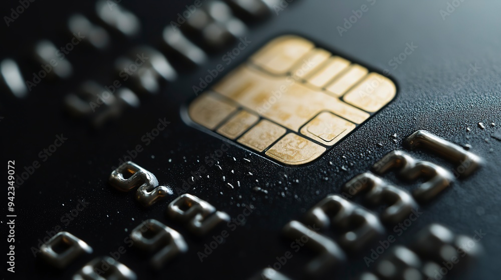 Poster close-up view of a credit card showing chip and numbers on black background