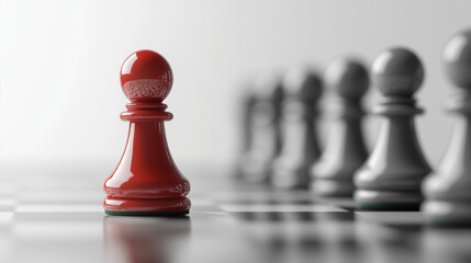A red chess piece against the background of other pieces. A symbol of victory, uniqueness, and a smart, strategic move.