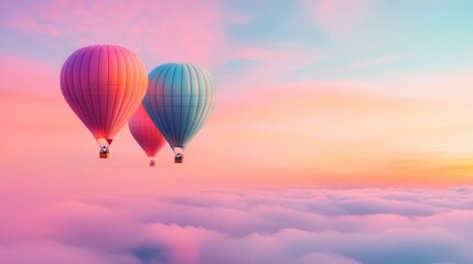 Fototapeta premium Double exposure of hot air balloons gently rising in a pastel dawn, fused with soft clouds, evoking a sense of wonder and tranquility
