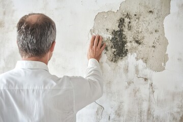 A man in a white shirt touches a moldy wall, symbolizing the need to address home maintenance issues and underscoring the importance of regular upkeep for a safe, healthy living environment