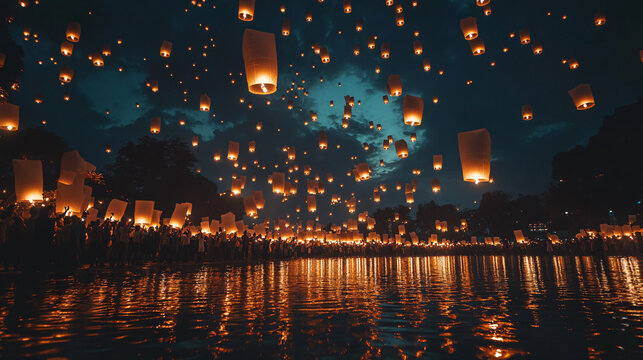 YI Peng lantern festival. Release hot air paper lanterns to sky at night in Loy krathong and Yi Peng Festival