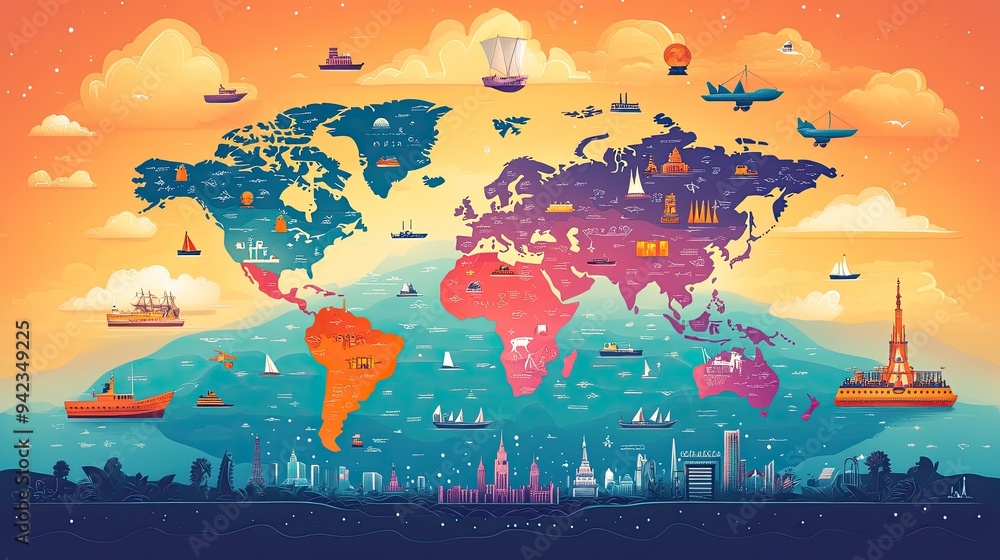 Poster a colorful world map with travel-related symbols and markers, ideal for travel promotions and conten