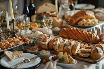 many bread on long table, Celebration, luxury food