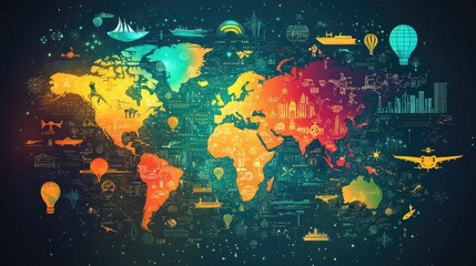 A colorful world map with travel-related symbols and markers, ideal for travel promotions and content. Ample space for text.