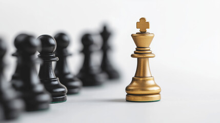 A golden chess piece against the background of other pieces. A symbol of victory, uniqueness, and a smart, strategic move.