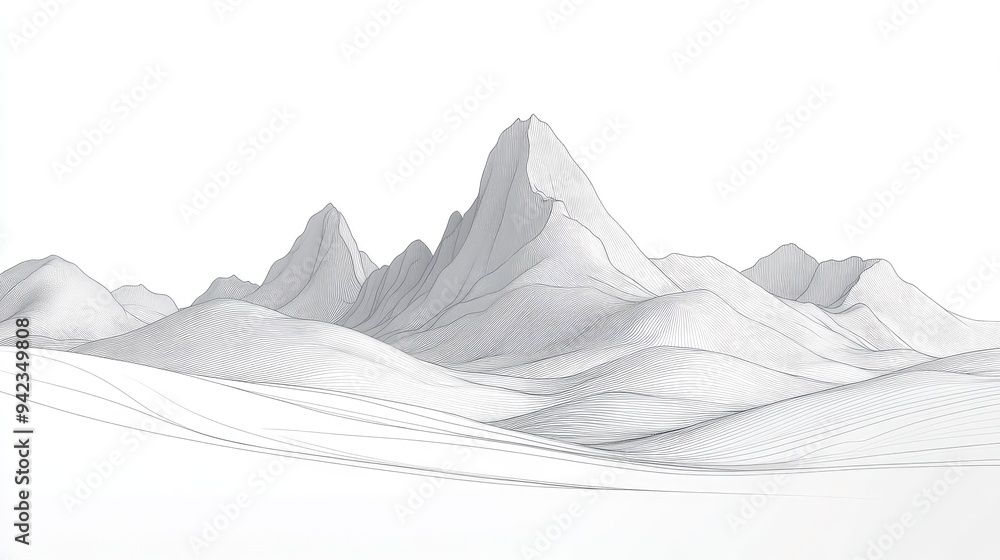 Poster a continuous line drawing of a mountain range, with smooth curves and clean lines, ideal for simple 