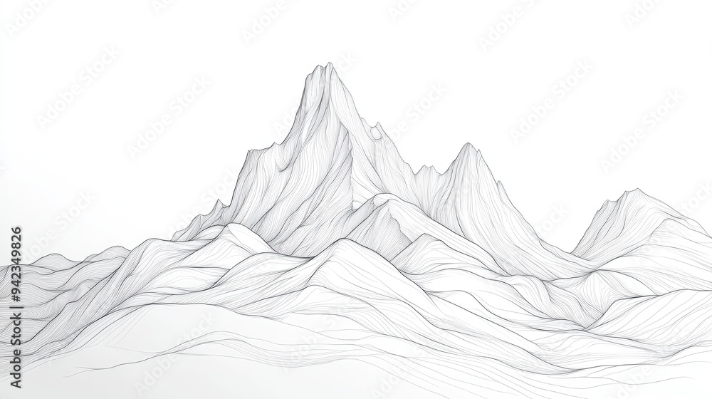 Poster a continuous line drawing of a mountain range, with smooth curves and clean lines, ideal for simple 