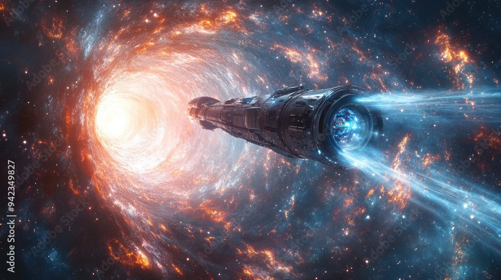 Poster a cosmic view of a spaceship entering a wormhole, representing the concept of faster-than-light trav