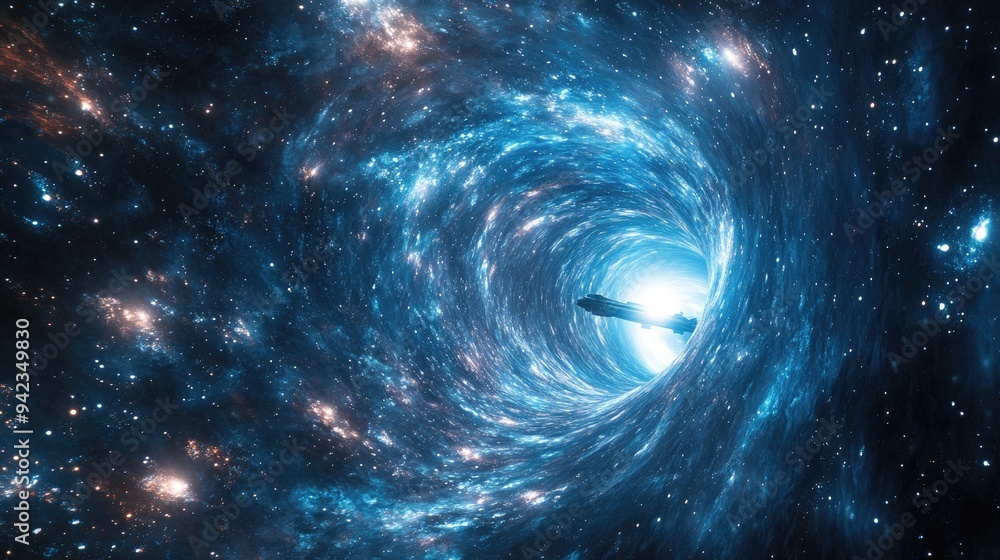 Poster a cosmic view of a spaceship entering a wormhole, representing the concept of faster-than-light trav