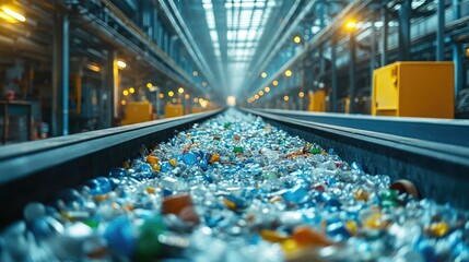A conveyor belt in a recycling facility carrying sorted items, offering a dynamic and industrial scene with ample copy space for messaging.