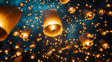YI Peng lantern festival. Release hot air paper lanterns to sky at night in Loy krathong and Yi Peng Festival