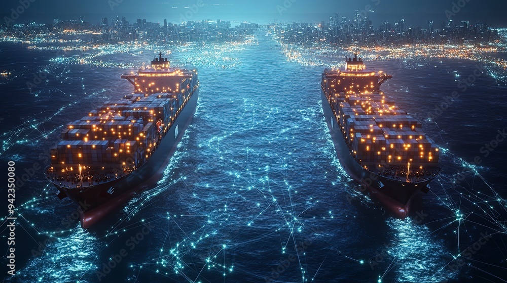 Poster two large cargo ships navigate a digitized ocean map with glowing trade routes connecting continents