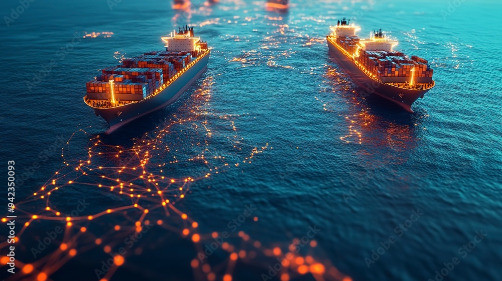 Poster two large cargo ships navigate a digitized ocean map with glowing trade routes connecting continents
