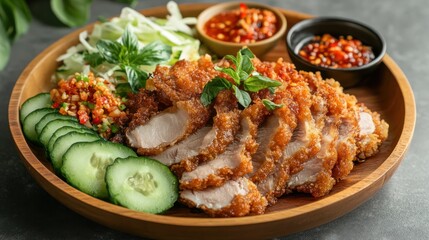 Fototapeta premium Ayam geprek is a dish of fried chicken with chili sauce and vegetable toppings