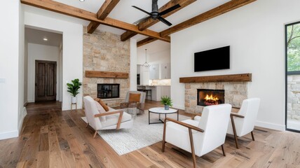 Fototapeta premium Cozy living room featuring stone fireplace, wood beams, modern furniture, and bright natural light for a welcoming atmosphere.
