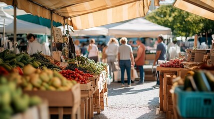 Busy Outdoor Market on a Sunny Day with Vendors and Shoppers 