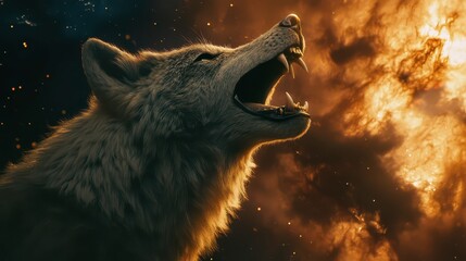 Naklejka premium A wolf howls against a fiery starry background at night in nature