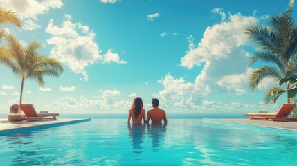 A couple relaxing by a pool during a summer vacation, with sun loungers, a blue sky, and palm trees surrounding them.