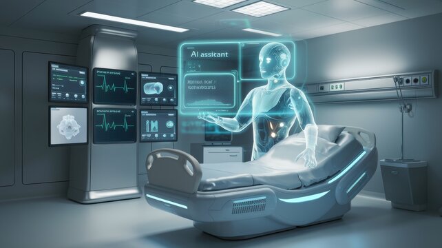 A high-tech hospital room where an AI assistant monitors a patient's vitals, analyzes medical data, and provides treatmentrecommendations. Generative AI