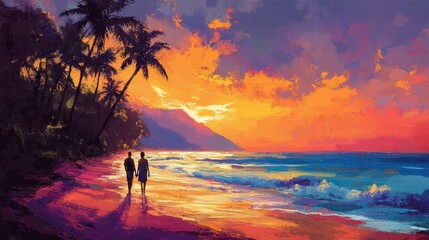 A couple walking along a palm tree-lined beach at sunset, with the sky painted in warm hues of orange and pink.