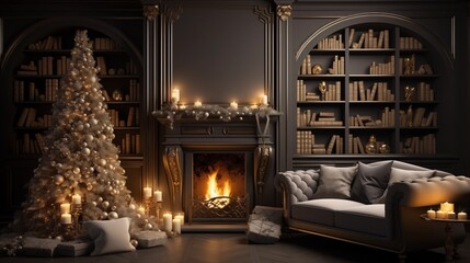 Stylish interior of living room with fireplace decorated Christmas tree. Christmas decoration.