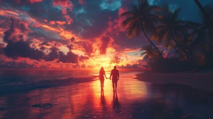 Fototapeta premium A couple walking hand in hand along a palm tree-lined beach, with the sun setting and the sky ablaze with color.