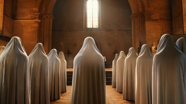 A serene gathering of hooded figures in an expansive hall, illuminated by ethereal light filtering through tall windows.