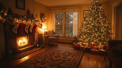 A cozy living room with a fireplace, stockings, and a beautifully decorated Christmas tree, offering a warm holiday atmosphere with space for text.