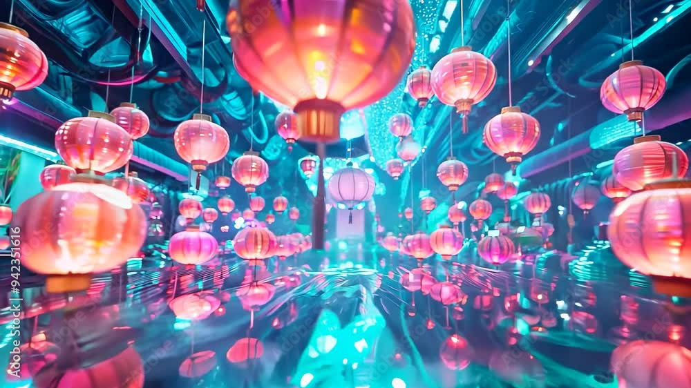 Poster a mesmerizing scene of glowing lanterns illuminating a surreal environment with vibrant colors and f