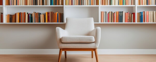 A cozy white chair in front of a colorful bookshelf, perfect for reading or relaxing in a modern living space.