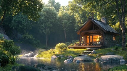 Fototapeta premium A cozy vacation cabin surrounded by nature, emphasizing a peaceful and tranquil escape. Plenty of room for messages.