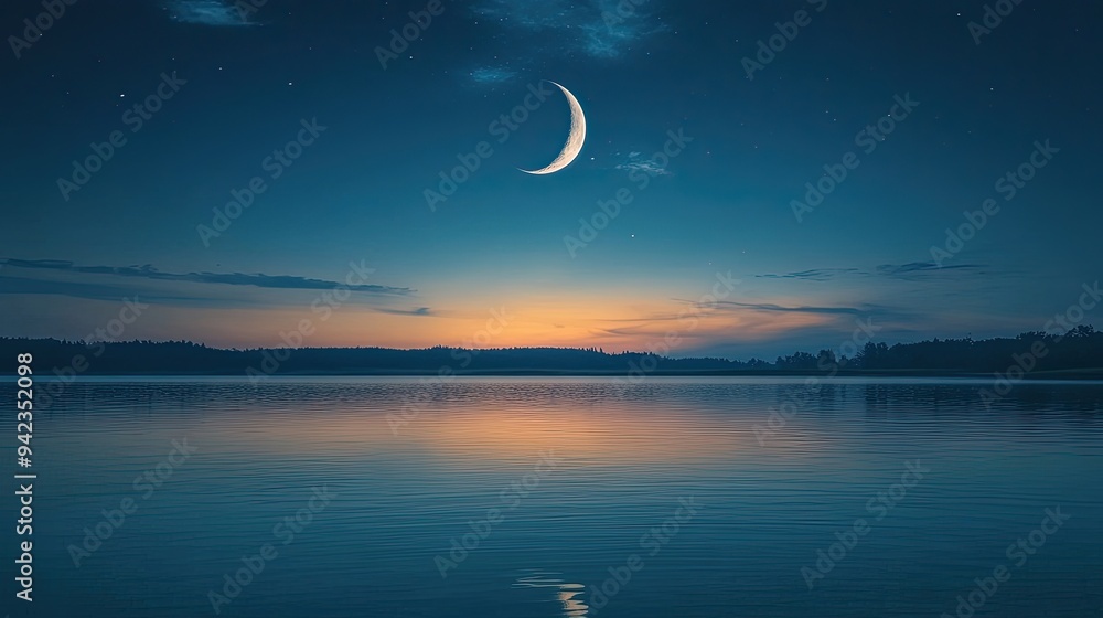 Poster a crescent moon hanging low in the sky, with its light reflecting on a calm lake, creating a tranqui