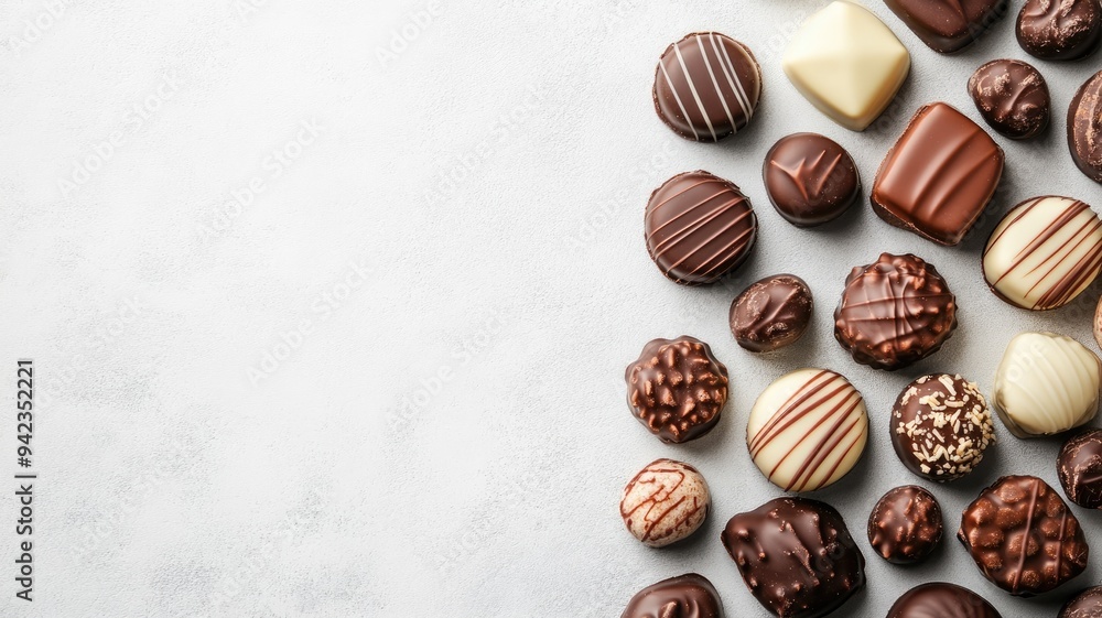 Wall mural Assorted gourmet chocolates arranged on white surface