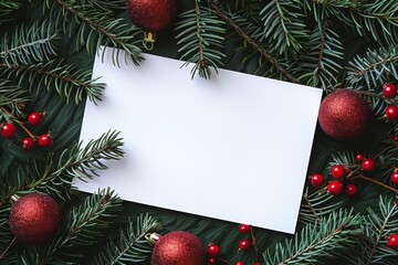 Christmas blank card with pine branches and red ornaments, holiday concept
