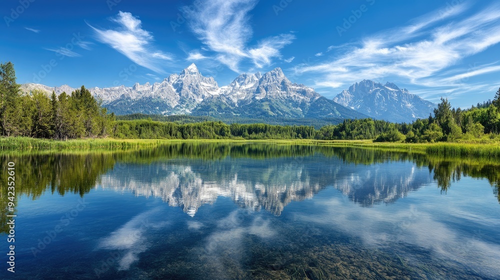 Poster a crystal-clear lake reflecting a towering mountain range, creating a serene landscape with space fo