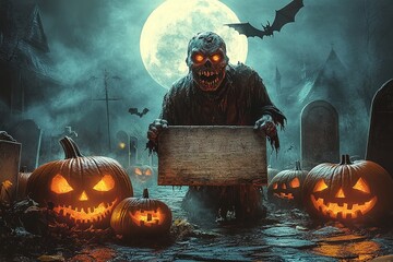 Pumpkin zombie with an empty wooden plaque Rising Out Of A Graveyard cemetery and church In Spooky scary dark Night full moon bats on tree. Holiday event halloween banner background concept