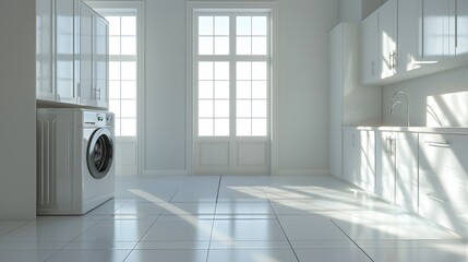 A bright, modern laundry room featuring a washing machine and ample natural light.
