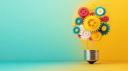 A colorful light bulb filled with gears symbolizes creativity and innovation. vibrant colors evoke sense of excitement and inspiration.